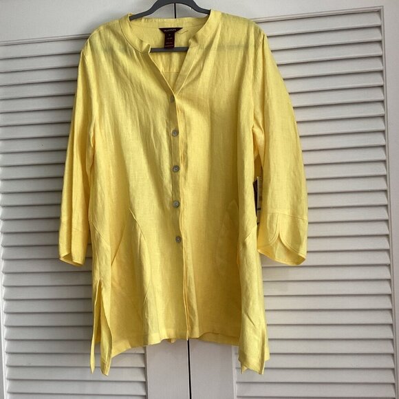 New Multiples Sz XL Bright Yellow 100% Linen A-Line Lagenlook Relaxed Chic - Picture 15 of 15
